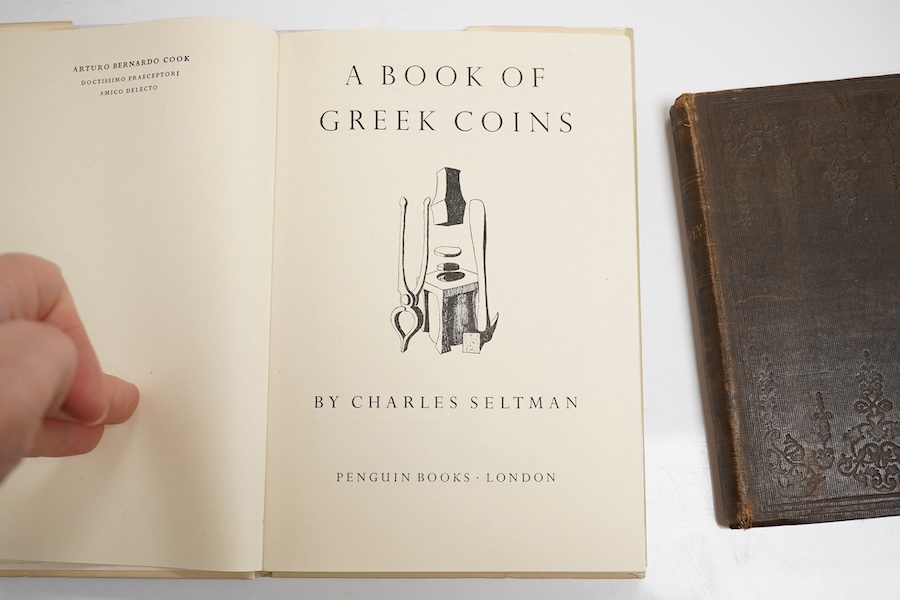 Money; it's nature, history, uses, and responsibilities. R.T.S. (Monthly Volume No.84), brown cloth, 1852; Smiles, S. - Thrift, 1888, full calf, ex ESCL; King Penguin - Greek Coins, 1952. (3)